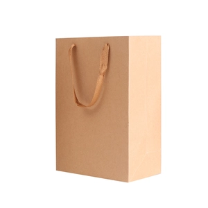 Sac cadeau vertical en papier kraft brun avec poignées en corde tissée sur fond blanc pur