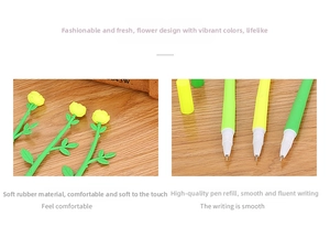 Detail of yellow flower pen with soft rubber grip and smooth writing black ink refill