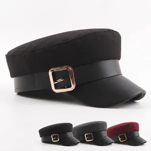 Wool newsboy cap with PU leather brim and gold metal buckle in black and burgundy