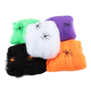Stretchable Halloween spider web set in five colors with realistic black spiders