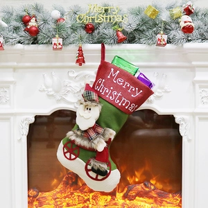 Christmas stocking with Santa Claus 3D doll on festive fireplace background décor