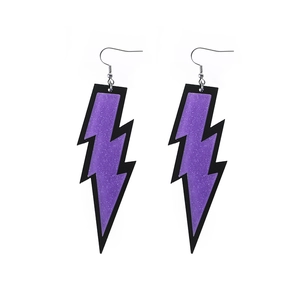 Fashionable lightning bolt earrings with purple glitter inlay and silver hooks