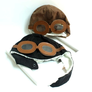 Kids pilot trapper hat with retro goggles and warm fleece lining in black and brown