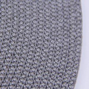 Macro shot showing the detailed grey woven texture and durable round edge of the PP placemat