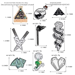 Set of 9 creative enamel pins featuring rose dandelion dagger and matchstick designs