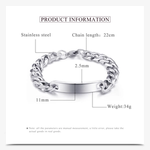 Technical drawing of 11mm stainless steel Cuban link bracelet with specific dimensions
