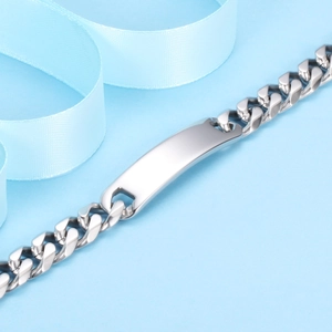 Silver stainless steel 11mm Cuban link bracelet with a polished rectangular ID tag