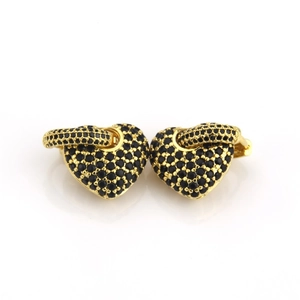 Elegant gold-plated heart earrings with black micro-pave cubic zirconia crystals