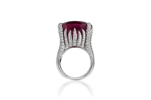 Luxury geometric ruby ring with full diamonds and crown-shaped silver finish