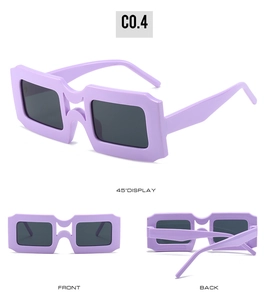 Three-view layout of purple square sunglasses with dark gray lenses and thick frame
