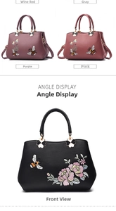 Dettaglio ricamo di api e fiori su borsa in pelle martellata con hardware in metallo