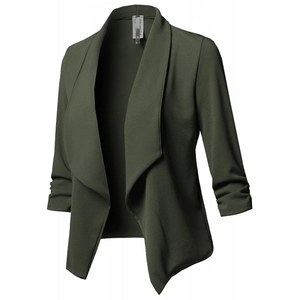 Olive green slim fit blazer for women with ruched sleeves and textured fabric