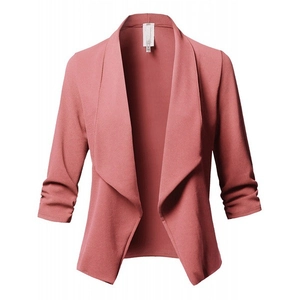 Women's slim fit dusty rose blazer featuring three-quarter sleeves and classic notched lapels