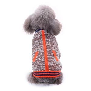 Knitted dog Christmas sweater with grey, orange and navy blue striped patchwork pattern