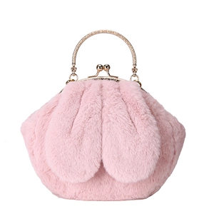 Cute pink plush bunny ear shell bag with golden metal handle and chain shoulder strap