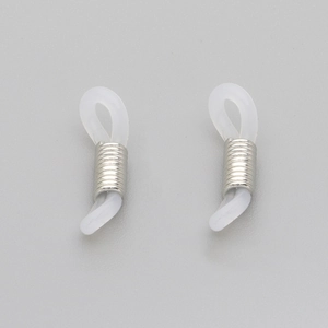 Detail shot of clear silicone non-slip eyeglass chain connectors with silver metal coils