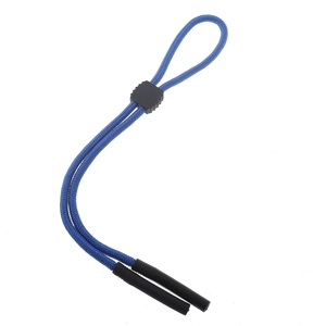 Detail of blue braided sports eyewear lanyard with adjustable black slider and tube connectors