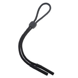 Detailed view of black adjustable sports eyewear lanyard with rubber secure ends