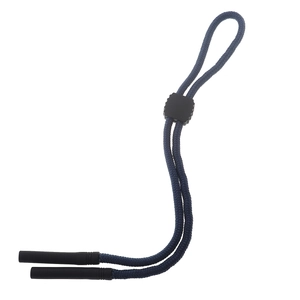 Detail of navy blue braided eyewear strap with black adjustable slider and rubber ends