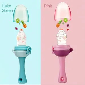 Pink and teal baby fruit feeders with silicone mesh and ergonomic handle for teething