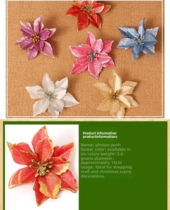 Detail of 15cm Christmas artificial flowers with gold glitter edges in multiple colors