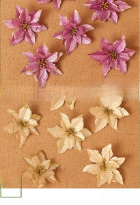 Detailed comparison of purple and champagne artificial poinsettia flowers with gold edges
