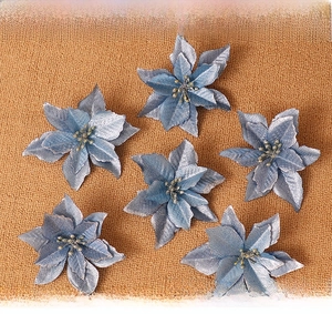 Blue Christmas artificial poinsettia with silver glitter and golden stamens detail