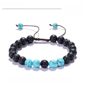 Détail des perles de lave et turquoise 8mm avec cordon tressé ajustable et dimensions