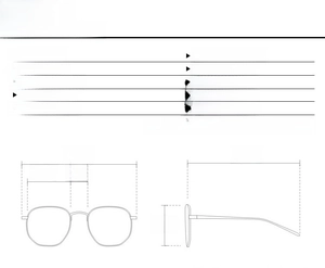 Detailed size chart for square frame sunglasses with frame width and lens height specifications
