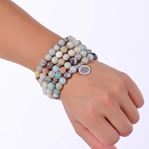 Natural 8mm Amazonite mala beads necklace with silver lotus pendant and bohemian tree of life