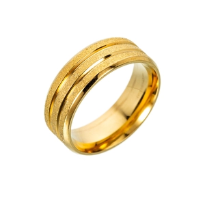 Golden stainless steel ring with frosted sand surface and dual polished groove details