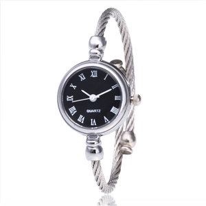Minimalist silver bangle watch with black Roman dial and twisted cable bracelet design