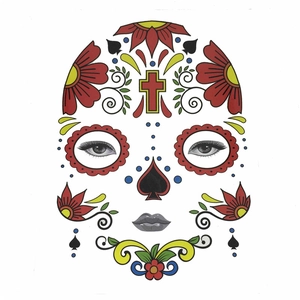 Detail of Day of the Dead face tattoo sticker with colorful floral and cross patterns