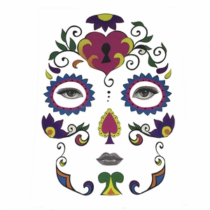 Detailed Day of the Dead face tattoo sticker with colorful sugar skull and floral patterns