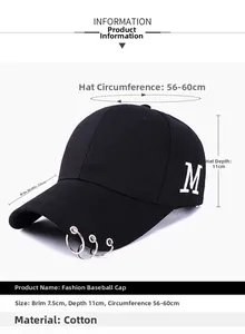Détail de la casquette de baseball en coton avec anneaux sur la visière et logo M