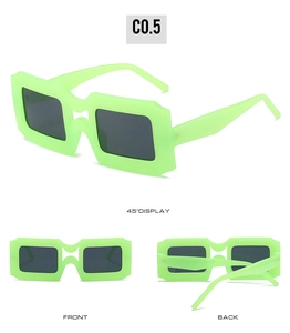 Detail view of neon green square sunglasses from front, back and 45-degree angles