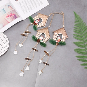 Three-piece wooden Christmas house pendants with pine needles and festive cartoon figures