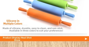 Close-up of non-stick silicone rolling pins in vibrant orange, blue, and green colors