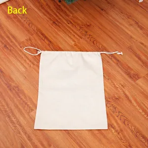 Large linen Christmas drawstring gift bag with natural cotton texture and back view