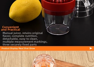 Manual fruit juicer with orange reamer and clear measuring cup showing ml scale