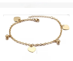 Detailed size chart of gold heart anklet with dimensions for 225mm chain and charms