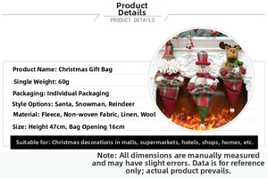 Detail of Christmas gift bag size 47x16cm showing Santa, Snowman and Reindeer styles