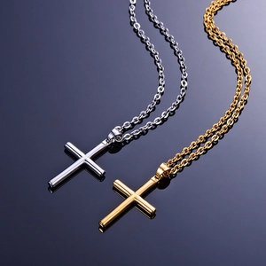 Polished silver and gold cylindrical stainless steel cross necklaces for men and women