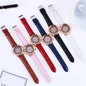 Set of women's leather watches with diamond floral dials in six assorted colors