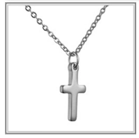 Detail of silver stainless steel necklace with minimalist cross pendant on white background