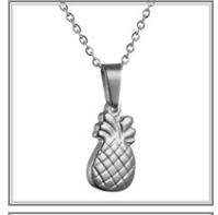 Close-up of a silver stainless steel necklace featuring a 3D pineapple pendant design