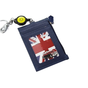 Dark blue crossgrain leather card holder with retractable yellow smiley face buckle