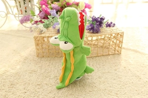 Detail of plush green crocodile hat with soft velvet texture and white felt teeth