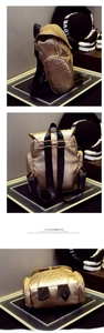 Three-way view of champagne gold PU backpack showing side, back, and bottom details