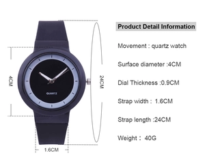Detailed specifications of black minimalist quartz watch with 4cm dial and silicone strap